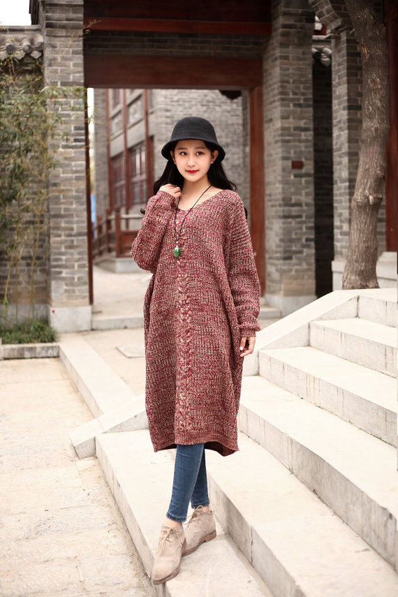 Cotton Sweater Winter Sweater Dresses Casual Loose Sweater V-neck Autumn Sweater Large Size Dress Winter Warm Sweater Blouse