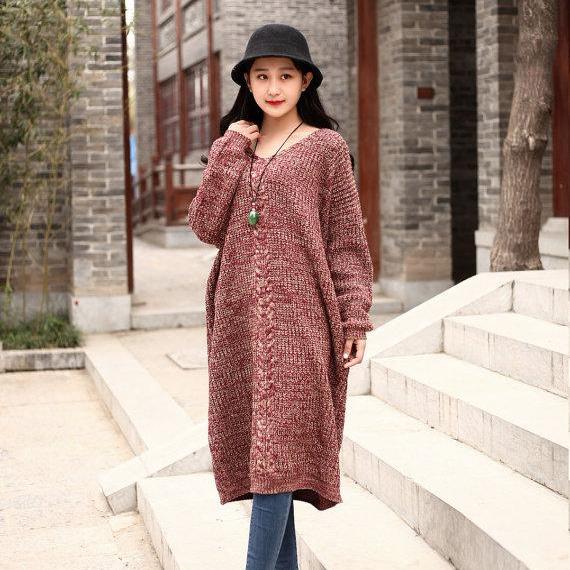 Cotton Sweater Winter Sweater Dresses Casual Loose Sweater V-neck ...
